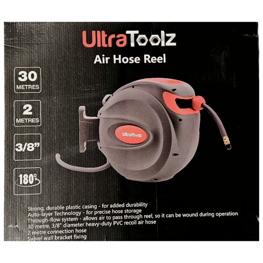 AANBIEDING Ultratoolz Luchtslang op haspel –30m (9.5 mm) met kunststof behuizing