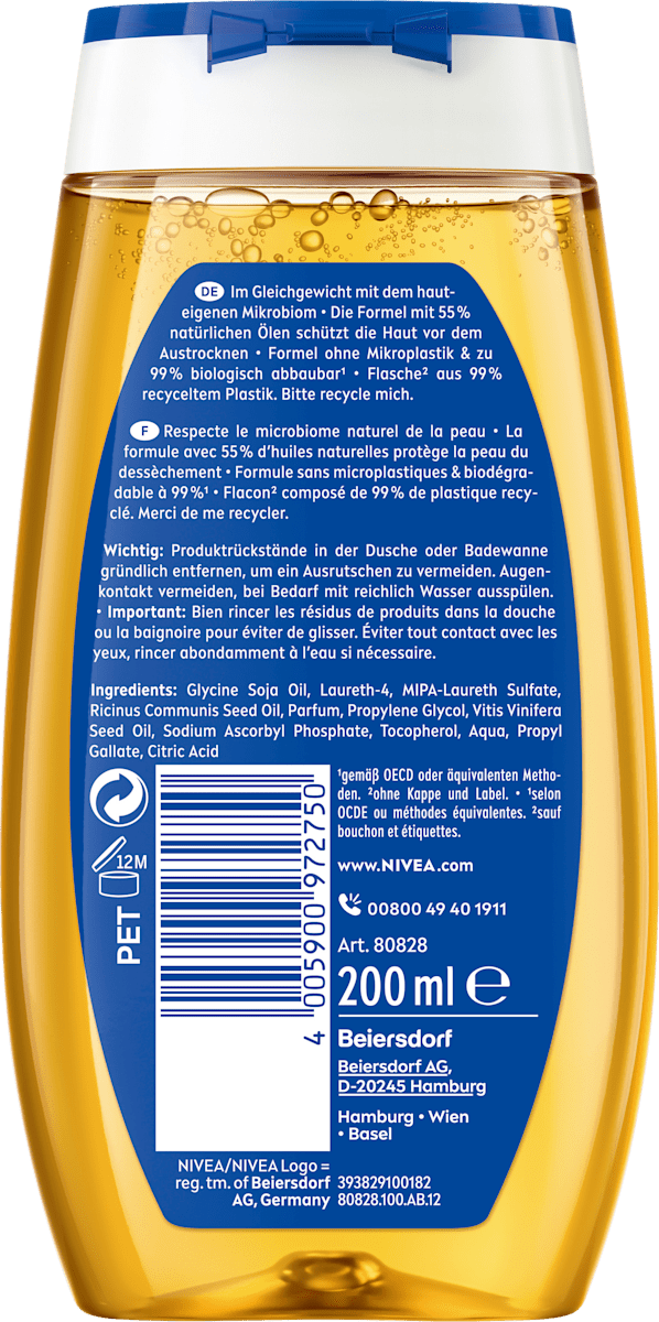 NIVEA Doucheolie Rich Care 200 ml – achterkant verpakking – Purbesa Care