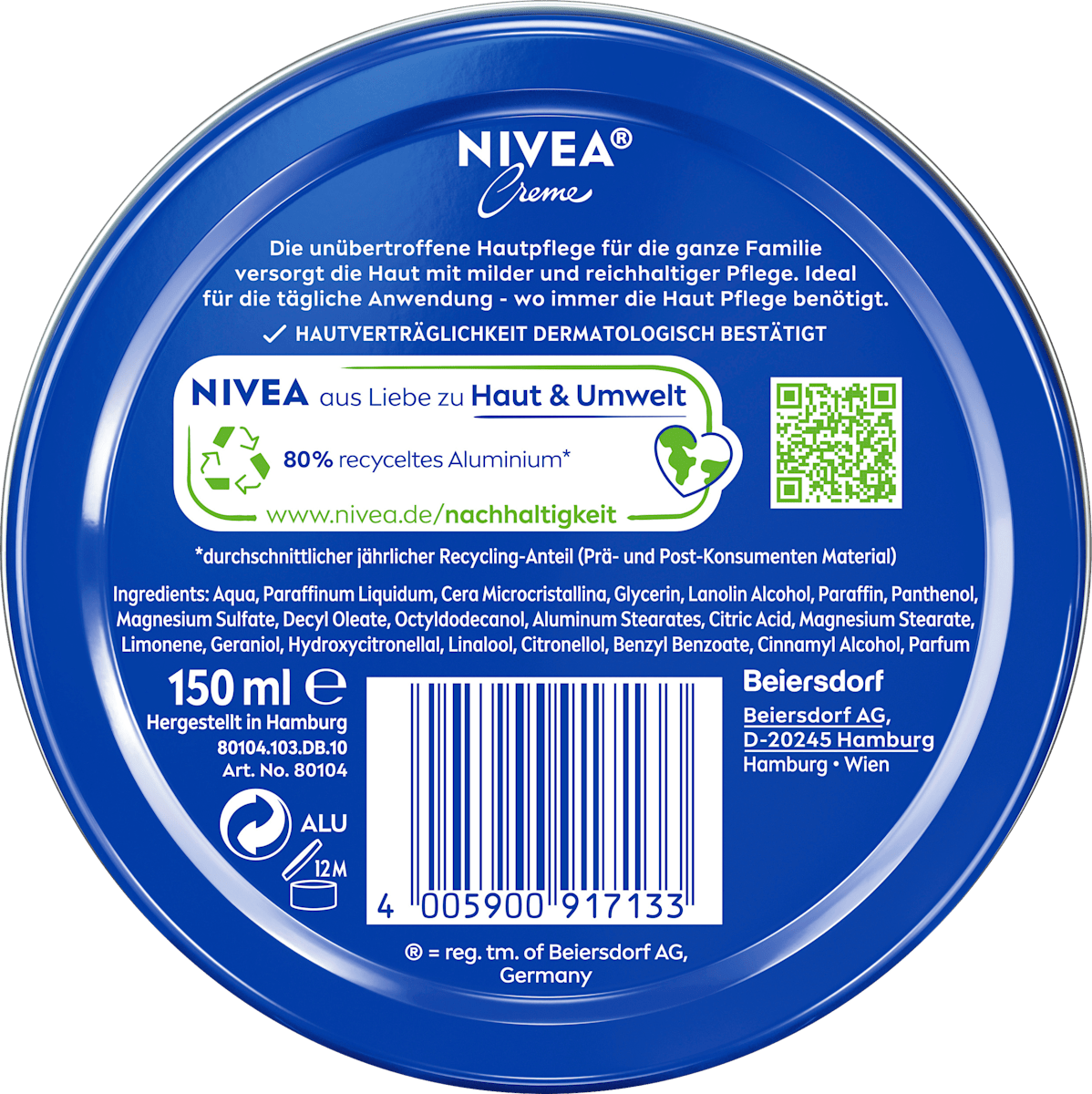 NIVEA Crème in blik 150 ml – achterkant verpakking – Purbesa Care